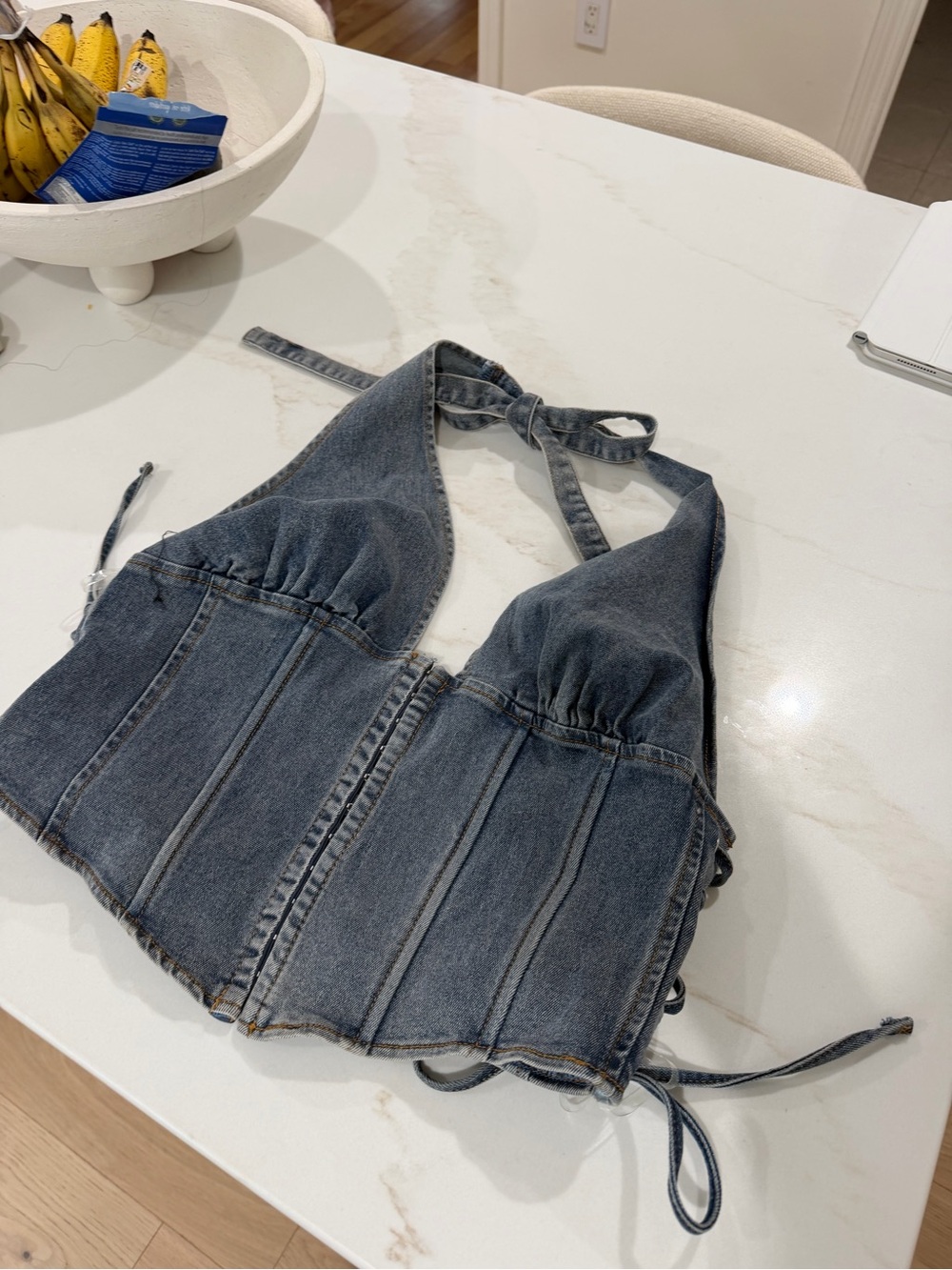 Windsor Denim Halter Corset Top in Washed Blue